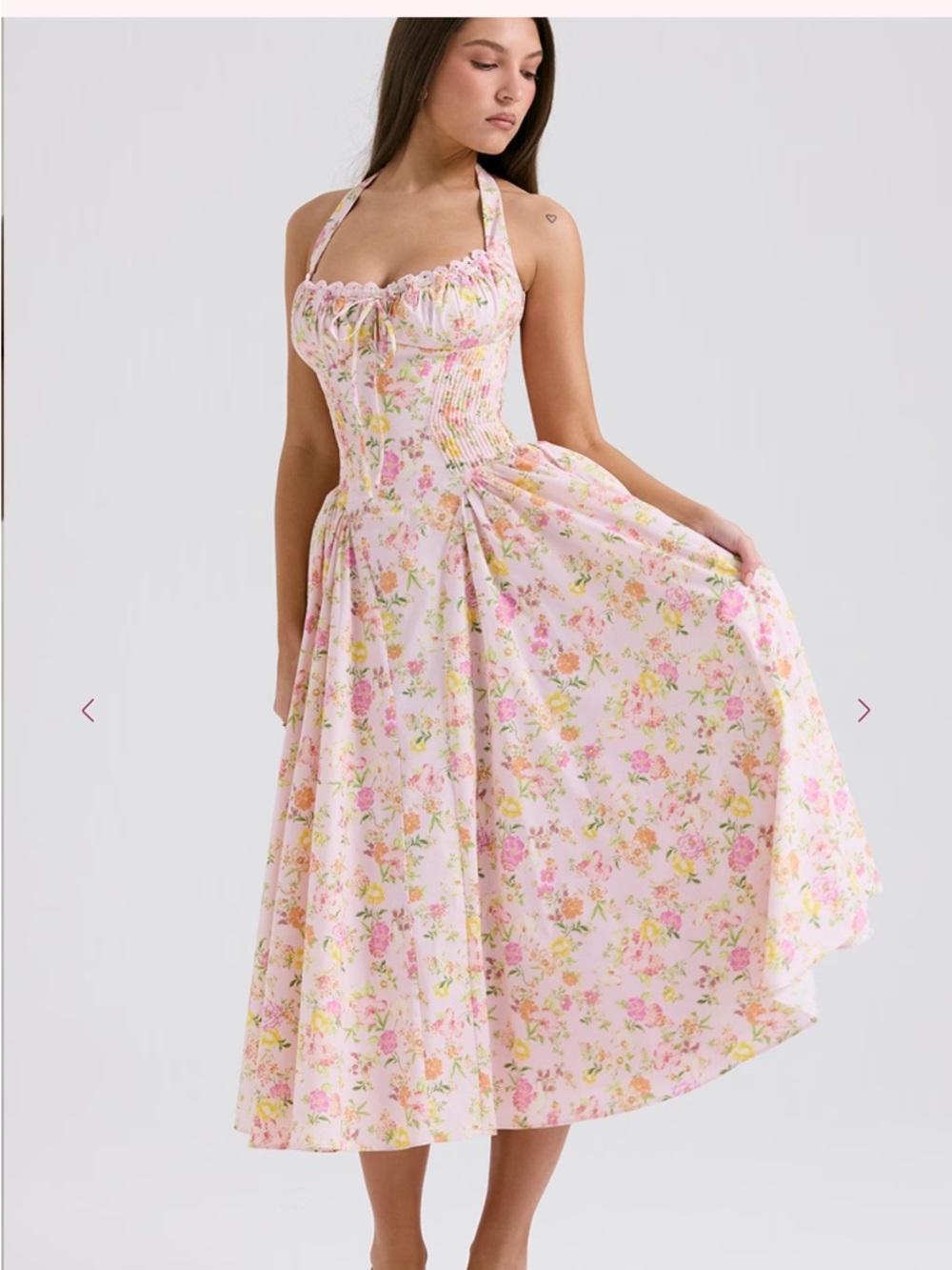 HOUSE OF CB Adabella Pink Meadow Cotton Halter Midi Sundress M Bigger Cup
